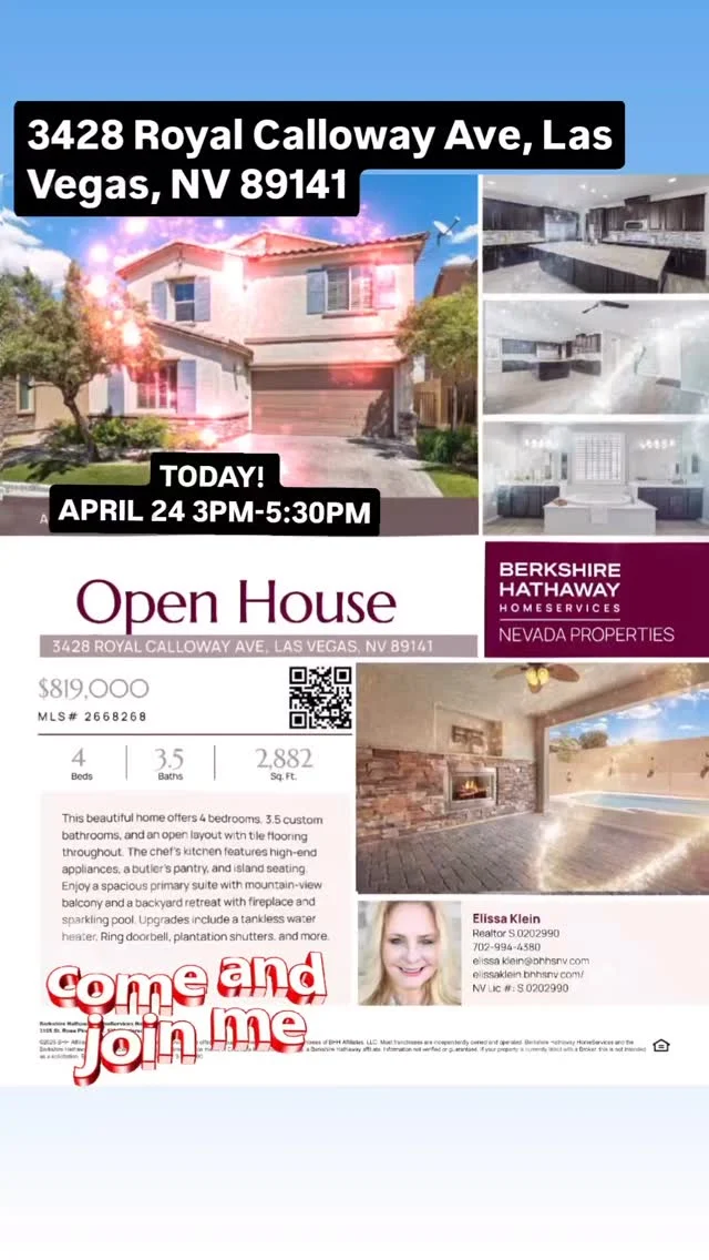 🔥You're Invited — Open House This Today!
Come explore this gorgeous 4-bedroom, 4-bath home tucked inside the exclusive gated community of Southern Highlands!

Where: 3428 Royal Calloway Ave, Las Vegas, NV 89141
When: Thursday, April 24th | 3:00 PM – 5:30 PM

With 2,882 sq ft of stylish living space, this 2017-built home has everything you’re looking for—and more.

Don’t miss your chance to walk through in person and fall in love!

Details & Photos:
https://elissaklein.bhhsnv.com/single-family/glv/2668268/3428-royal-calloway-avenue-las-vegas-nv-89141

S.0202009 
#LasVegasRealEstate #OpenHouse #SouthernHighlands #DreamHome #RealEstate #LasVegasHomes #ElissaTheRealtor #HomeBuyingTips #MortgageAdvice #ElissaKnowsRE #houseexpert #housingmarketexpert #house #home  #realestate #realestateagent #househunting #buying #newhomebuyer #fypシ゚viralシfypシ゚viralシalシ
